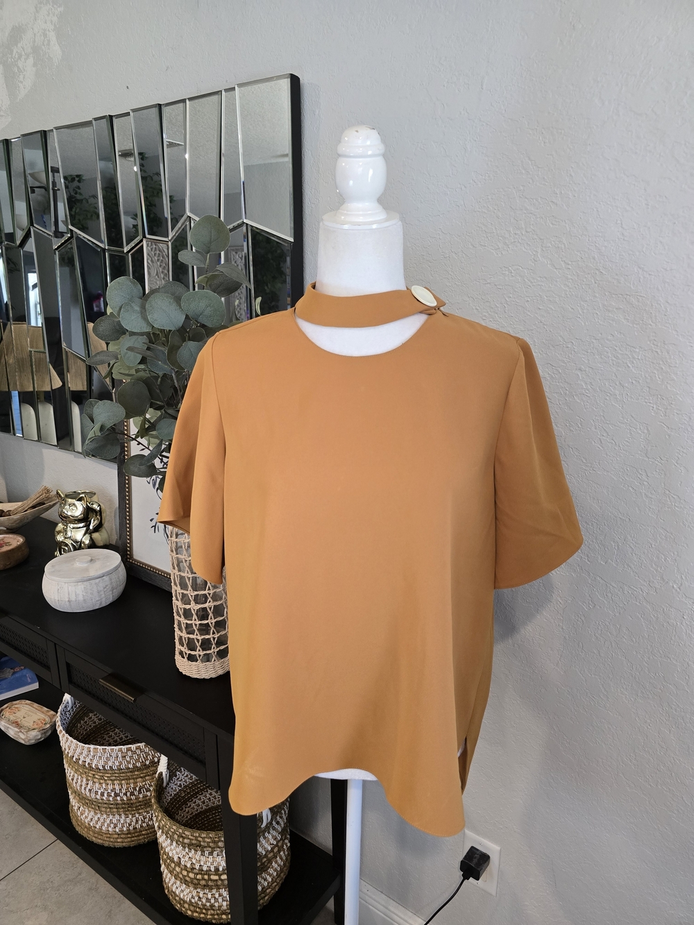 Zara Women’s Golden Yellow High Neck Cream Button Accent Blouse L